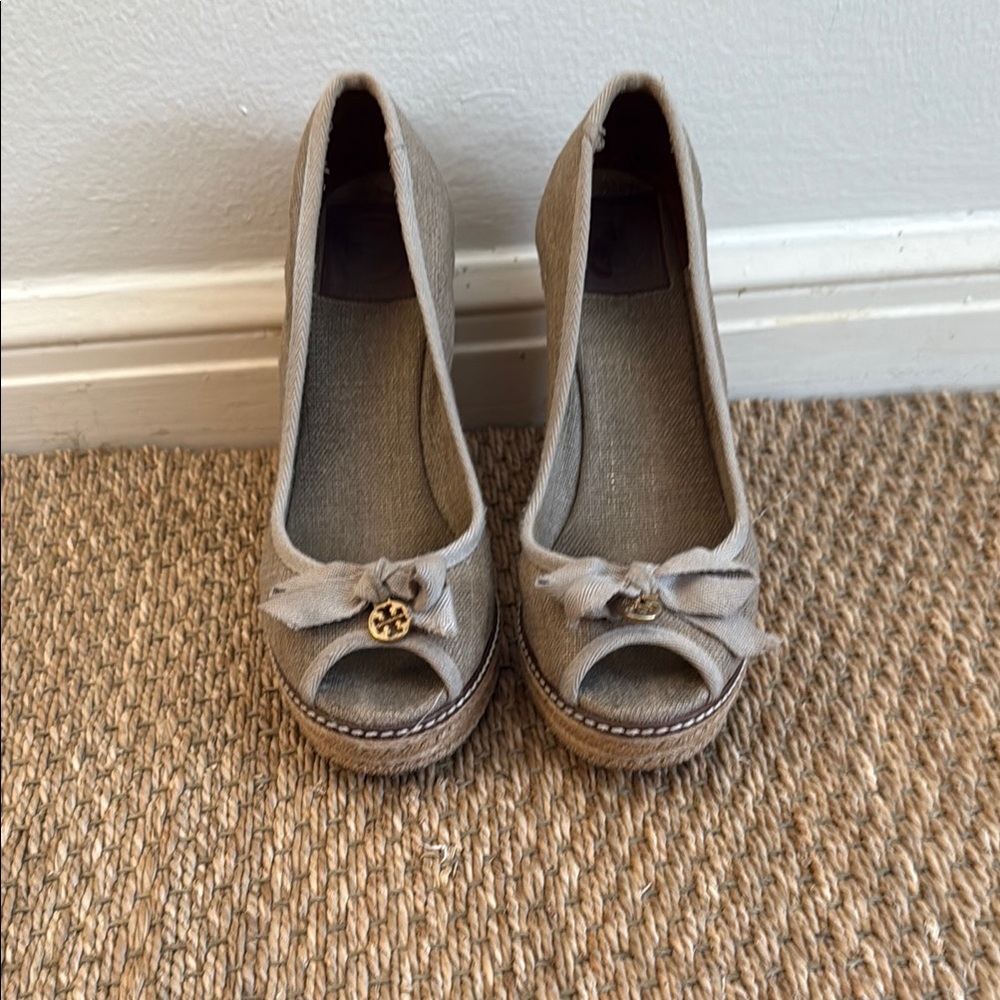 Tory Burch Gray Peep-Toe Wedges